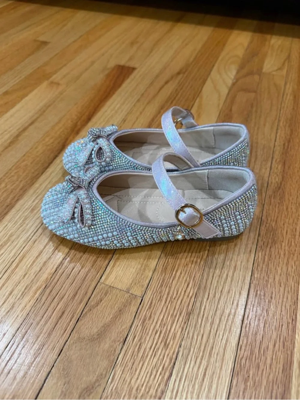 Iridescent Pink Rhinestone Bow Mary Jane Girls' Dress Shoes